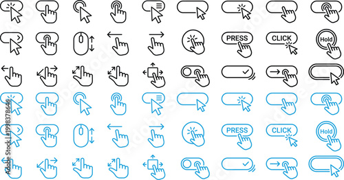 Click cursor set button with hand pointer clicking. Click here web button sign. Isolated website buy or register bar icon with hand finger arrow clicking cursor – stock vector