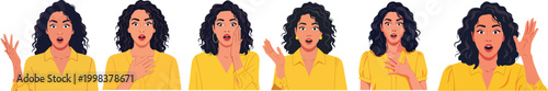 Set of Surprised Hispanic Female Characters, Shocked Expressions and Amazed Gestures
Young Latina Woman Character Bundle with Wow Expression, Flat Vector Illustration