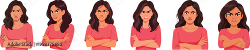 Set of Angry Hispanic Young Woman Characters with Arms Crossed and Grumpy Expressions
 Annoyed Latina Female Character Bundle, Mad and Frustrated Poses in Flat Vector Style