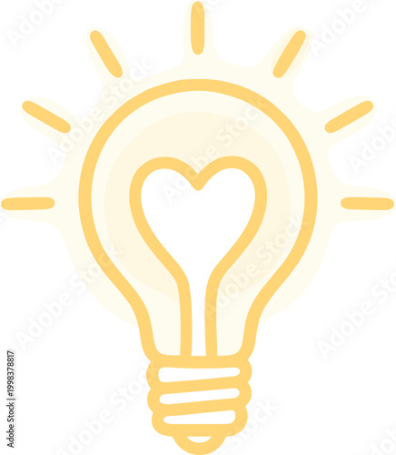 Creative light bulb icon featuring a heart filament, hand drawn sketch of inspiration and love concept on transparent background