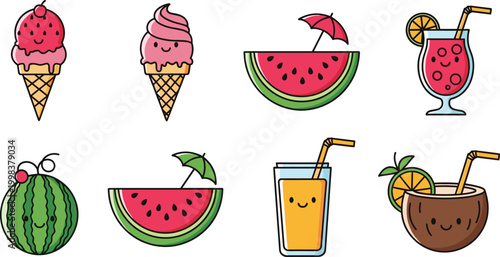 Cute Summer Fruit and Dessert Icons Set Featuring Watermelon, Ice Cream Cones, Tropical Drinks, Coconut, and Refreshing Beverages for Apps, Websites, and Digital Designs