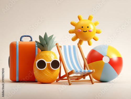 summer beach items including suitcase pineapple sunglasses beachball and sun chair high quality professional detailed modern