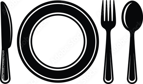 Black silhouette of dinnerware plate fork knife and spoon arrangement