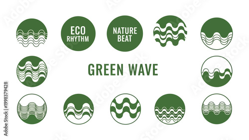 Green Wave Eco Designs: A collection of minimalist, circular eco designs featuring stylized green wave patterns, representing the harmony of nature.