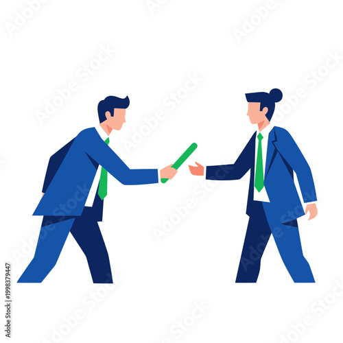 Businessmen passing baton, teamwork, strategy, and handover concept