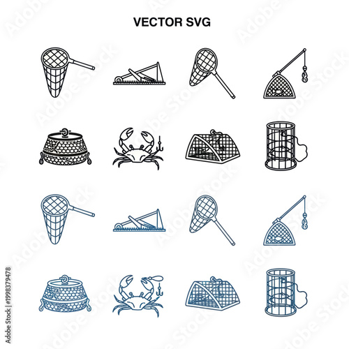 Canvastavla Fishing Gear Icons: Nets, Traps, Crab, Bait Cages - Vector Set