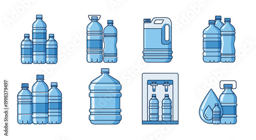 Set of Water Bottles and Dispensers, Various Sizes and Types