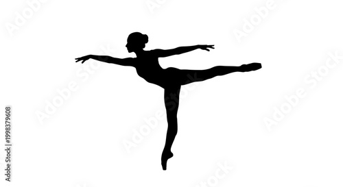 Graceful silhouette of a ballerina in a ballet pose with extended arms and leg, on an isolated white background.