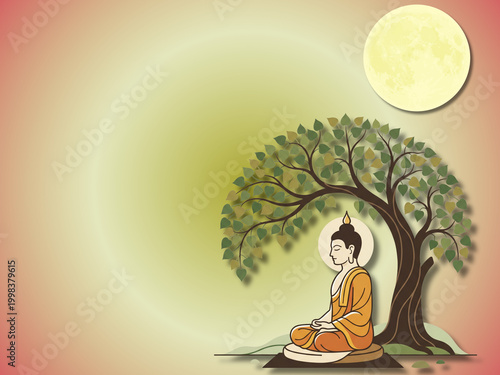 Serene vector illustration of Lord Buddha meditating under the sacred Bodhi tree with a full moon background for Vesak and Poson Poya festivals