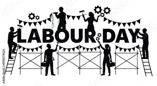 Diverse group of professional workers standing on construction scaffolding celebrating labour day. Team of builders and laborers posing together for holiday event flat vector graphic design.