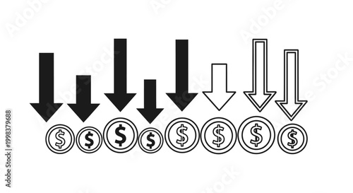 Black arrows pointing downwards over dollar coins, symbolizing financial decline, decreasing value, or economic recession on an isolated white background.