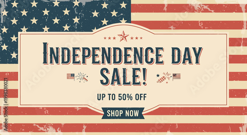 Vintage American Flag Background Independence Day Sale Announcement with Discount Information