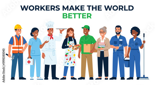 Diverse group of workers united, each contributing their unique skills and efforts to make the world a better place. They represent various professions in a flat vector illustration.