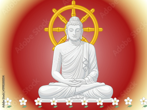 Lord Buddha Meditating in Front of Golden Dharma Wheel with Lotus Flowers for Vesak and Poson Poya Festival Vector Illustration
