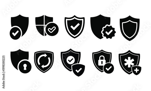 Security Shield Icon Set Silhouette – Protection, Checkmark, Lock, Verified Safety Symbols Vector
