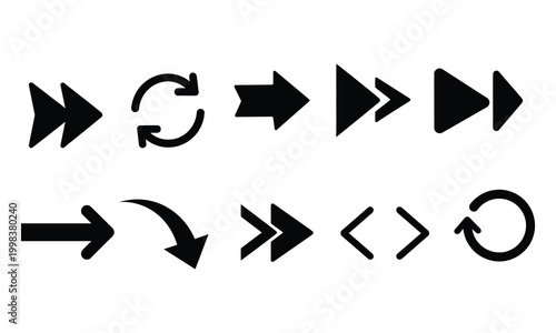 Arrow Navigation Icon Set Silhouette – Fast Forward, Reload, Direction Arrows Vector Collection