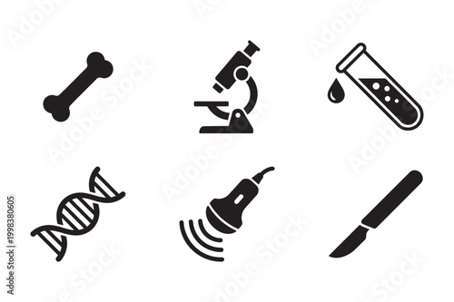 Diverse black and white vector icons illustrating key components of biology, medical research, and diagnostics