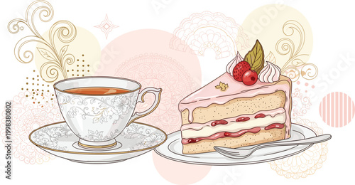 Elegant Tea Cup and Strawberry Cake Slice Vector Illustration with Decorative Patterns, Perfect for Cafes, Tea Shops, Menus, Packaging, and Digital Designs