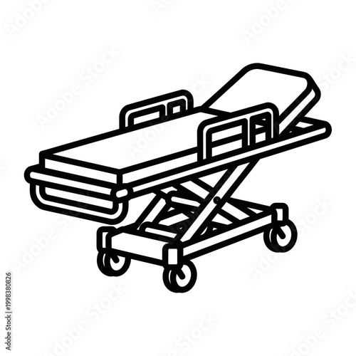 Hospital gurney with wheels and handles.