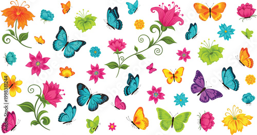 Colorful butterflies and flowers scattered on white background with green leaves and vibrant blooms