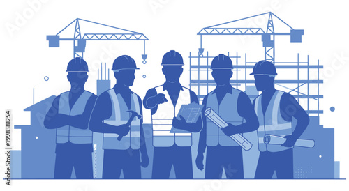 Professional construction crew reviewing architectural blueprints at outdoor site. Diverse engineering team collaborating on urban infrastructure project with building equipment around.