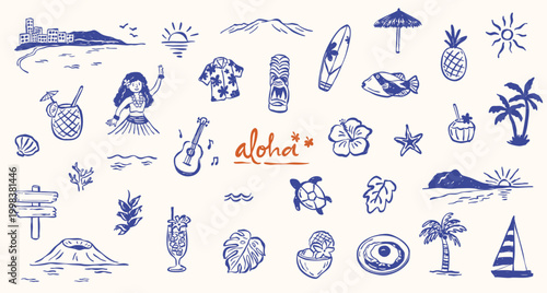 Hawaii summer beach icons doodle hand drawn element collection set