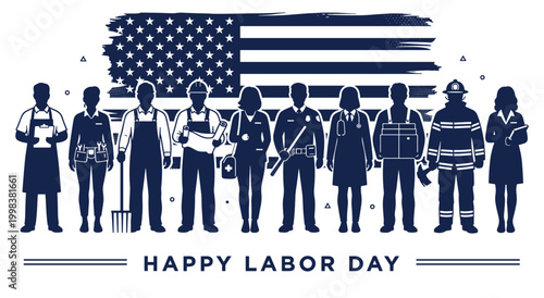 Diverse group of American workers representing various professions celebrating labor day. Silhouette figures of employees against US flag background representing united workforce success.