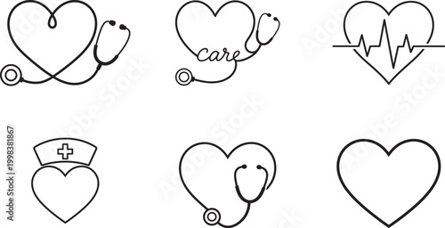 Heart healthcare icon collection with stethoscope ECG and nurse symbols