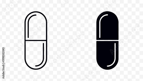 Pill icons, capsule shapes, black and white, medical symbols, health graphics isolated on Transparent Background
