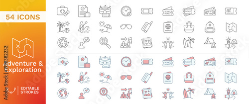 Global Travel and Outdoor Adventure Outline Icons Set featuring Expedition Planning, Map Navigation, Transportation, and Nature Sightseeing Editable Stroke Vector Collection