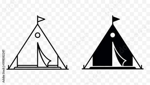 Tent, camping, icon set, black and white, line art, outdoor adventure symbols isolated on Transparent Background