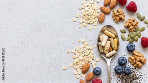 Bild auf Leinwand Overhead view of a spoonful of assorted nutritional supplements surrounded by healthy whole foods like nuts, seeds, and berries