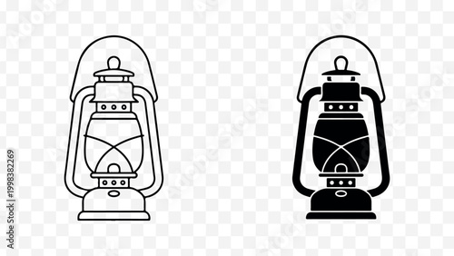 lantern icons, black and white, line art, vector graphics, outdoor lighting, camping symbols isolated on Transparent Background