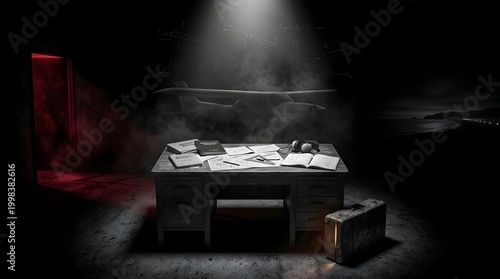 Dramatic wide cinematic shot of a mysterious detective's desk under a single spotlight in a dark, smoky room with a glowing red doorway.