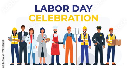 Diverse professional group stands united in celebration of Labor Day. They represent various occupations, highlighting the importance of every job and contribution to society.