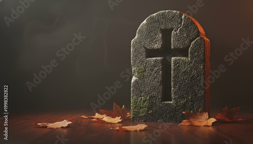 Old weathered stone gravestone with cross standing on a dark wooden surface with dry autumn leaves for a spooky Halloween concept and mysterious cemetery atmosphere backdrop