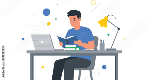 Young man sitting at desk studying with open book and laptop computer in home office environment. Professional education and remote work vector illustration featuring clean design.