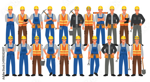 Line of diverse construction workers in various poses and attire, showcasing different roles within the industry. Each character is a male figure wearing safety equipment.