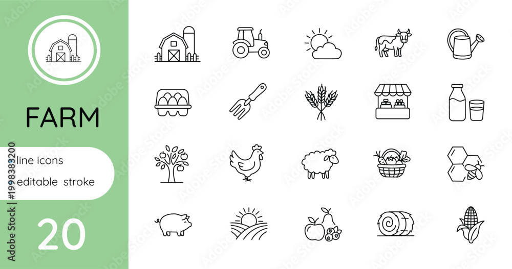 Fototapeta premium A set of linear farm icons . Vector, isolated, editable