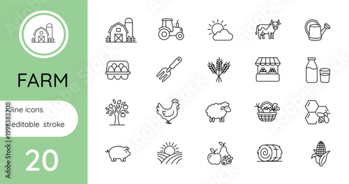A set of linear farm icons . Vector, isolated, editable