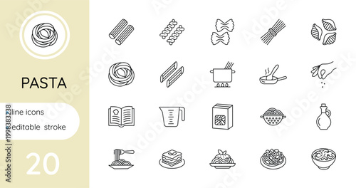 A set of linear pasta icons . Vector, isolated, editable