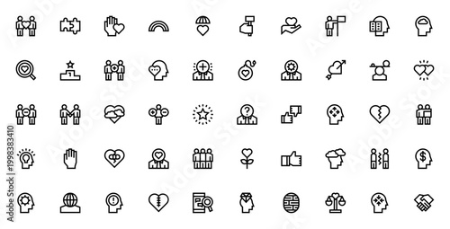 Human relations and emotions icon set. Vector symbols for love, friendship, communication, mind, heart, success, balance, ideas and more. Editable thin line illustrations.