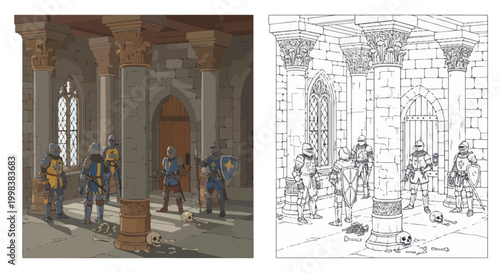 Medieval Knights Gathering in Castle Hall with Ornate Pillars and Windows