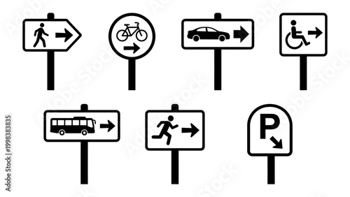 Set of directional traffic and wayfinding signs for pedestrians, vehicles, and accessibility