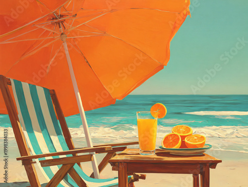beach scene with orange umbrella striped chair and juice under sunny sky high quality professional detailed