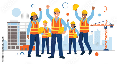 Happy professional construction team celebrating success at building site. Group of cheerful engineers and laborers holding hard hats and jumping with excitement for project completion.
