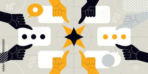 illustration of hands holding speech bubbles and gestures