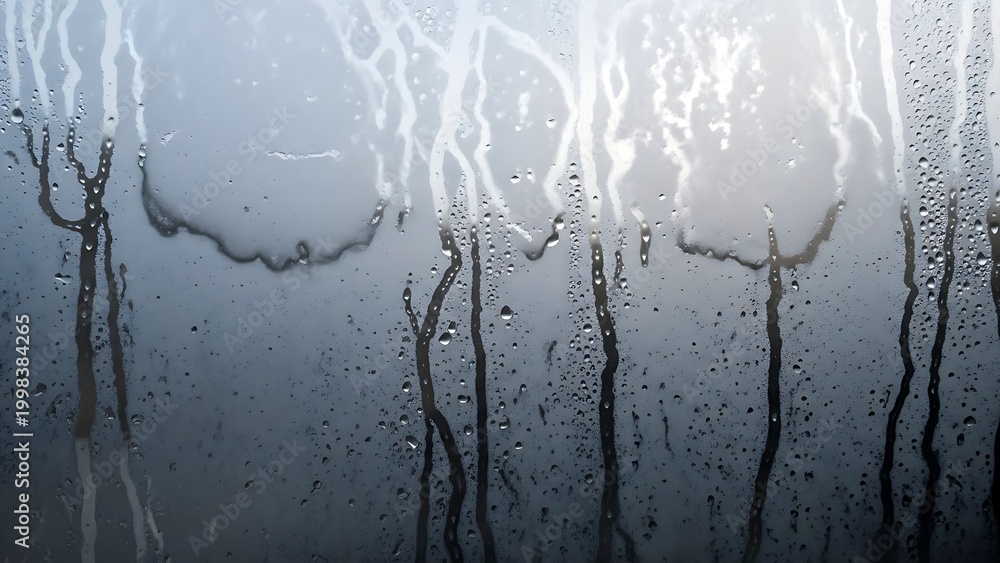 Obraz premium Condensation on a glass window pane with water droplets running down, creating a textured, moody, and atmospheric background with soft light diffusion imagine studio