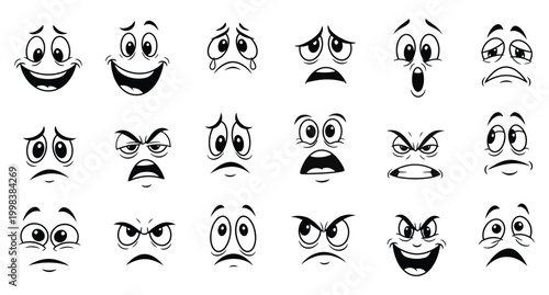 Cartoon face silhouette collection a diverse array of expressive emotions in black and white