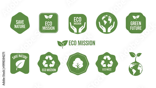 Eco-Friendly Icon Set: A collection of green icons emphasizing sustainability, environmental protection, and a commitment to preserving the planet, ideal for conveying eco-consciousness.
